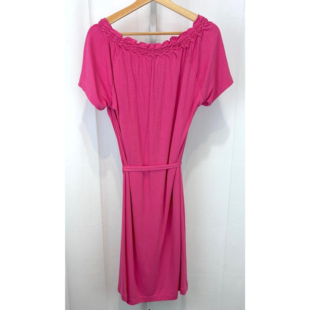 NWT TALBOTS Gathered Scoop Neck Jersey Knit Dress Tie Belt Short Sleeve Pink X - Picture 2 of 9